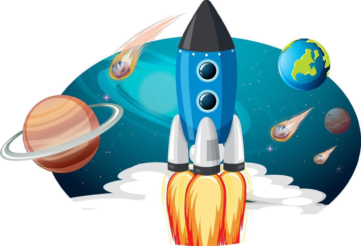 Rocket ship with many planets and asteroids vector