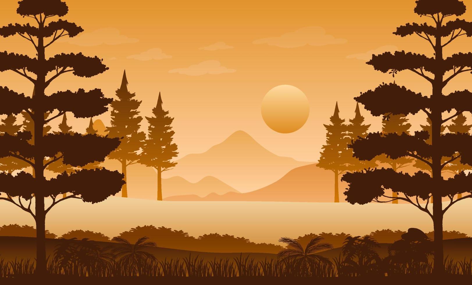 silueta del paisaje forestal al atardecer vector