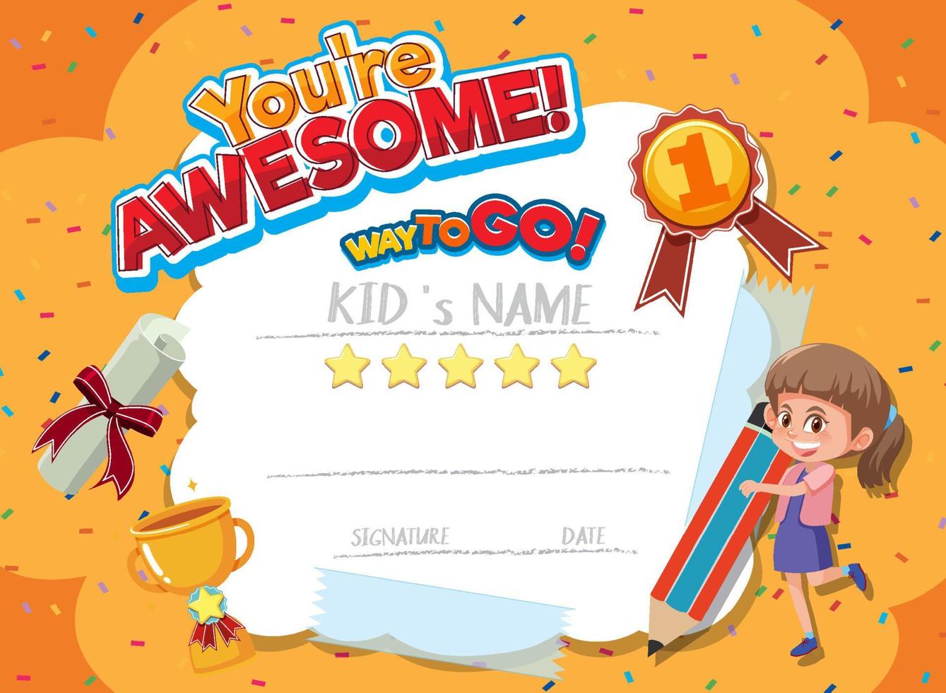 Cute motivational cartoon certificate for children vector