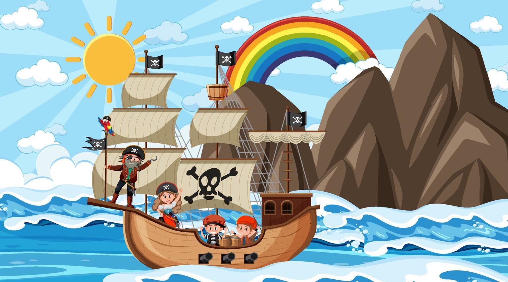 Beach with Pirate ship at daytime scene in cartoon style vector