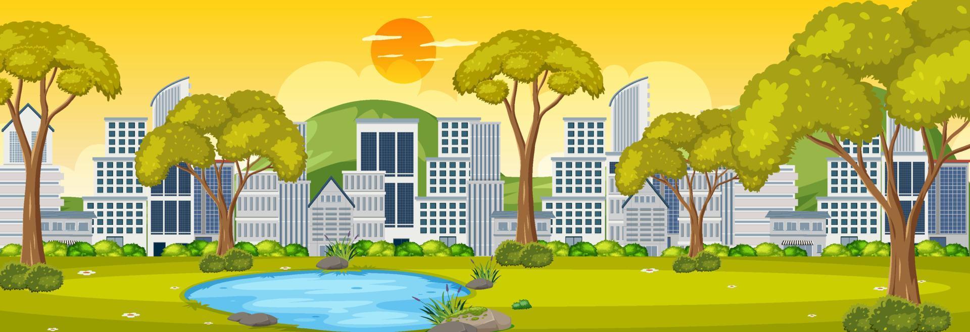 Park horizontal scene with cityscape background at sunrise time vector