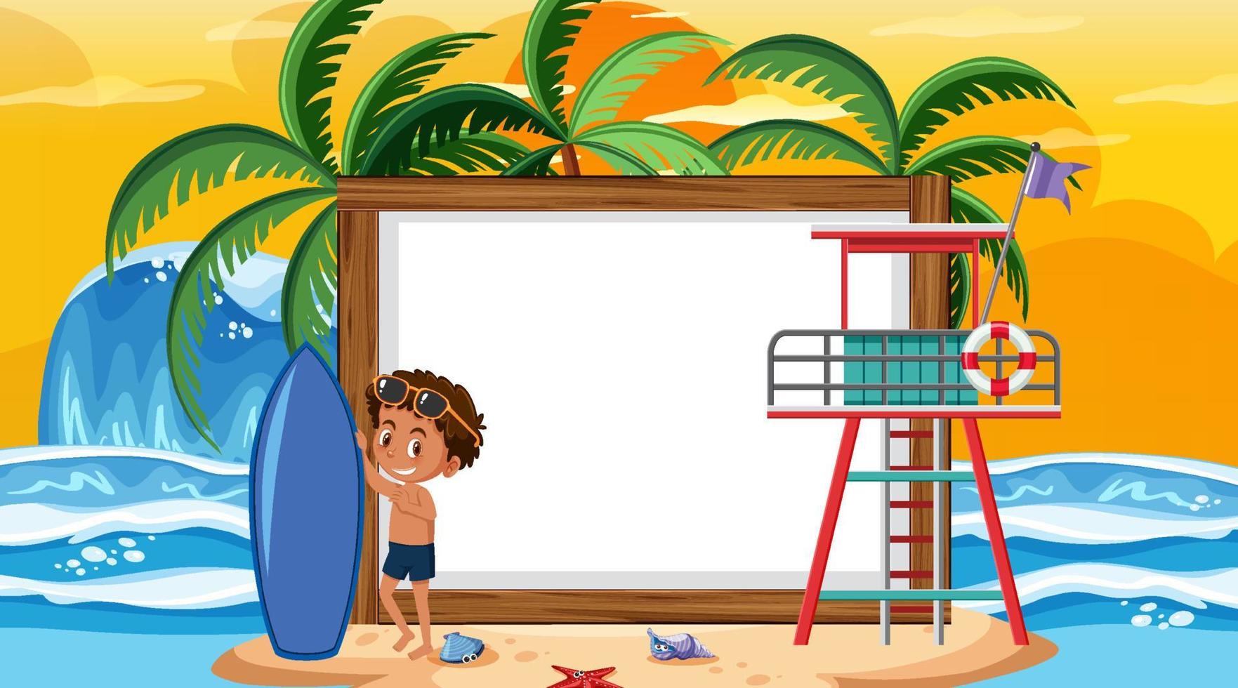 Empty banner template with kids on vacation at the beach sunset scene vector