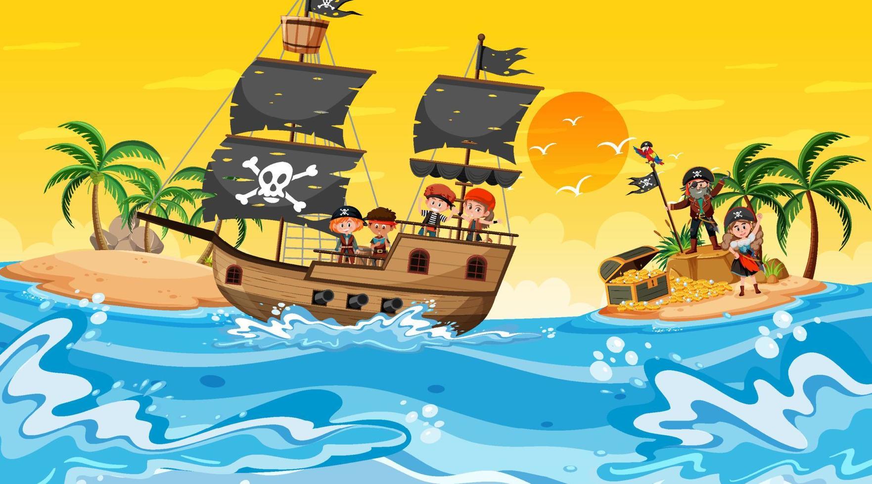 Treasure Island scene at sunset time with Pirate kids on the ship vector