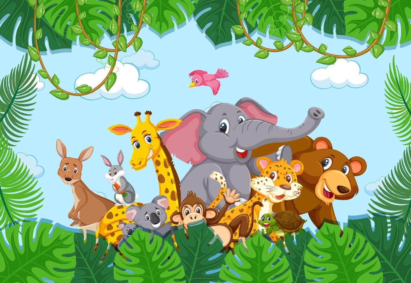 Wild animals group in the forest frame vector