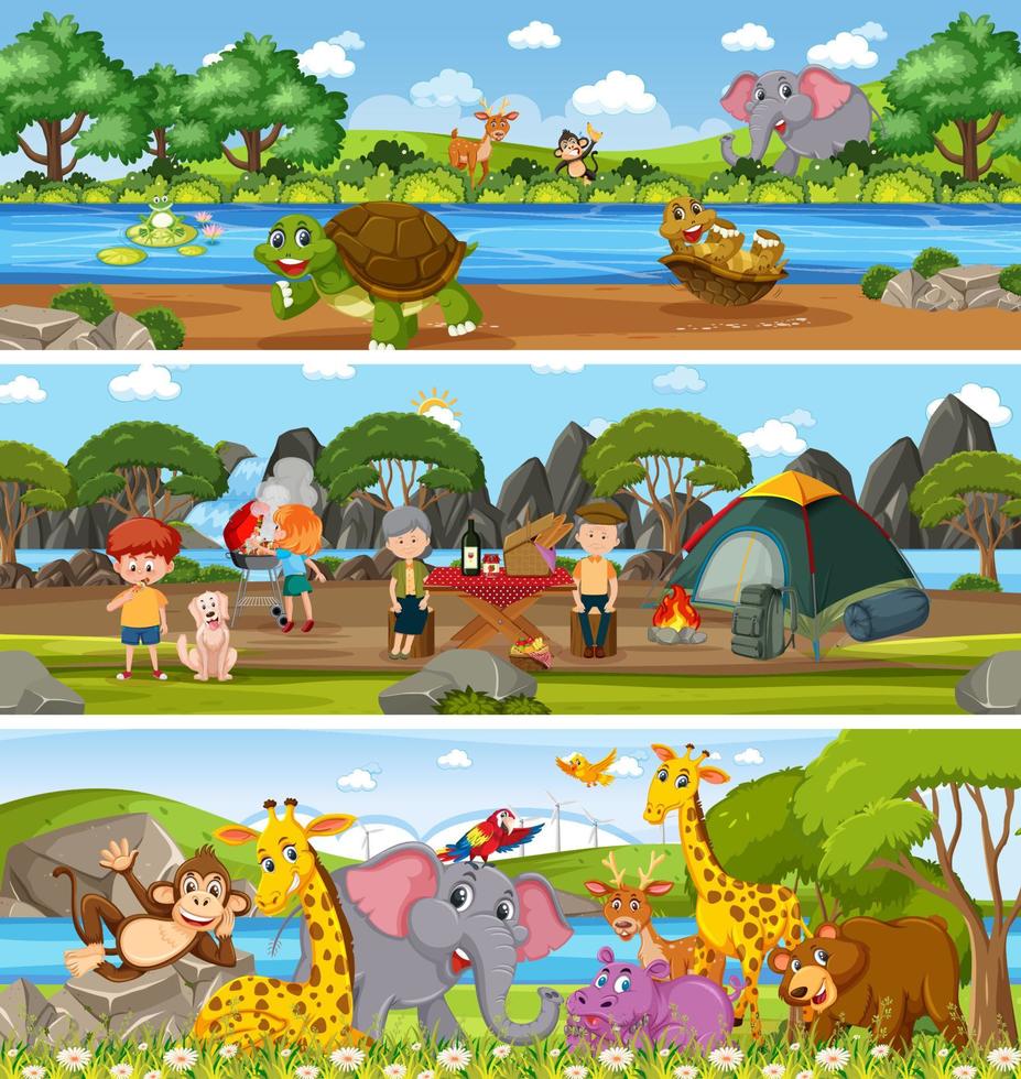 Different nature landscape at daytime scene with cartoon character vector