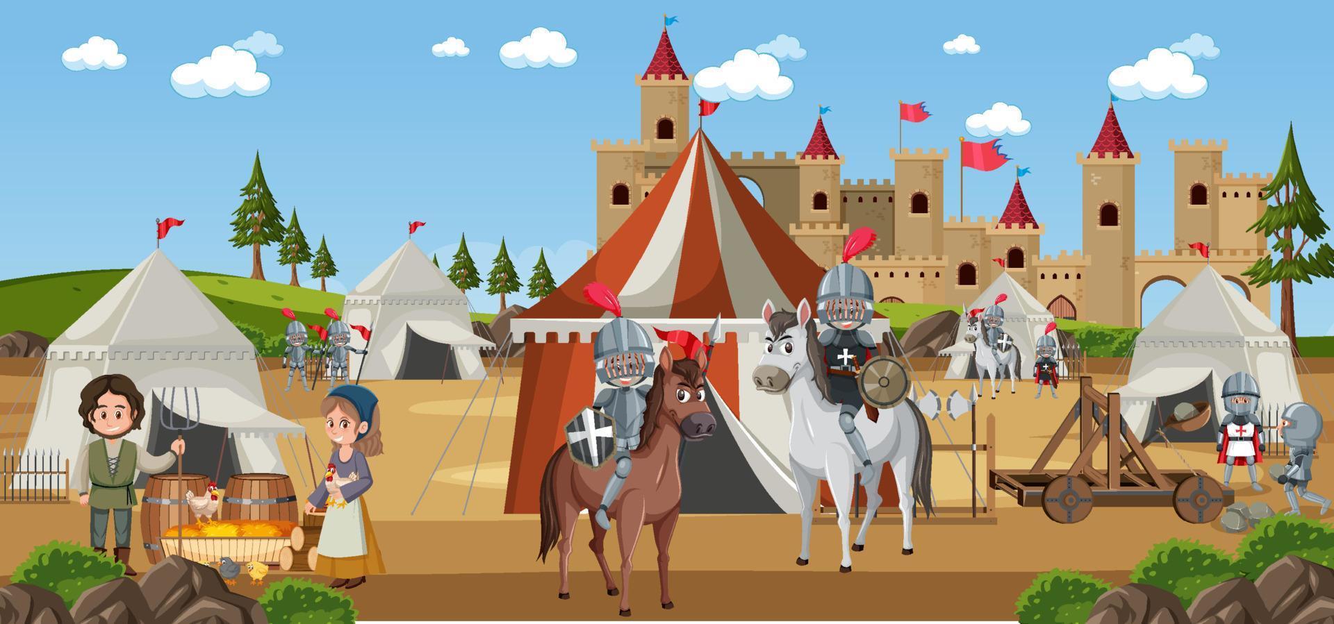 escena de la ciudad medieval con aldeanos. vector