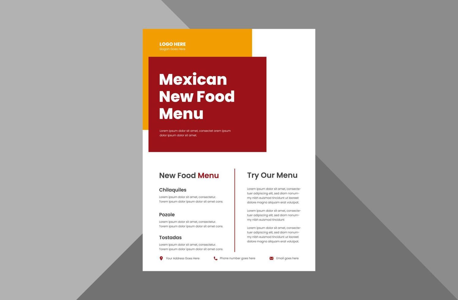 Plantilla de diseño de volante de menú de comida mexicana. Plantilla de diseño de volante de restaurante de comida mexicana especial. plantilla a4, diseño de folleto, portada, volante, póster, listo para imprimir vector