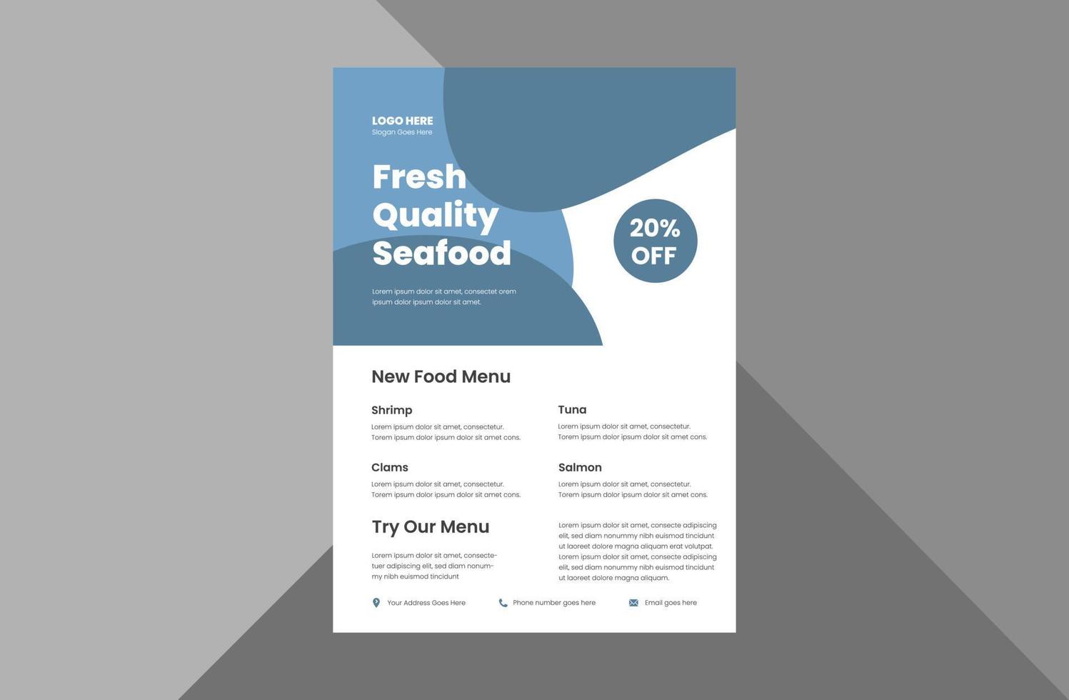 seafood restaurant food menu flyer template. seafood promotion poster leaflet design. a4 template, brochure design, cover, flyer, poster, print-ready vector