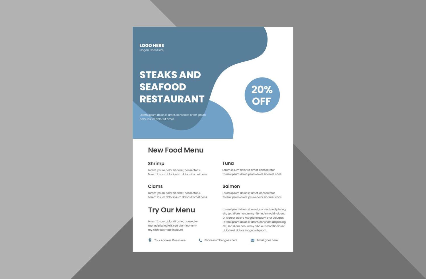 seafood restaurant food menu flyer template. seafood promotion poster leaflet design. a4 template, brochure design, cover, flyer, poster, print-ready vector