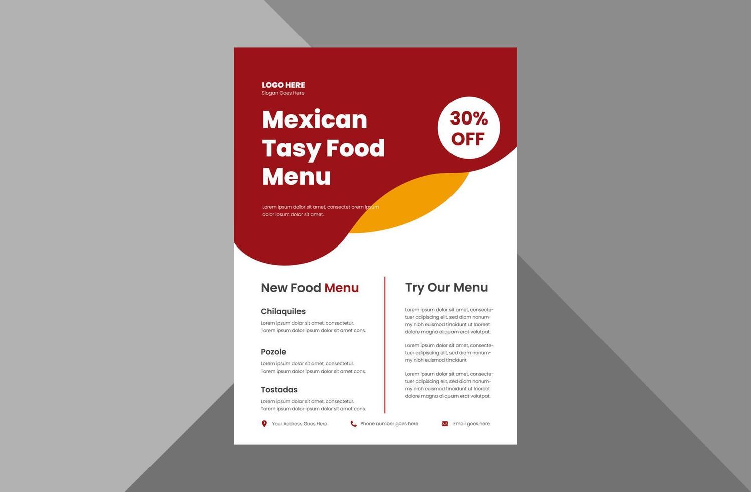 Plantilla de diseño de volante de menú de comida mexicana. Plantilla de diseño de volante de restaurante de comida mexicana especial. plantilla a4, diseño de folleto, portada, volante, póster, listo para imprimir vector