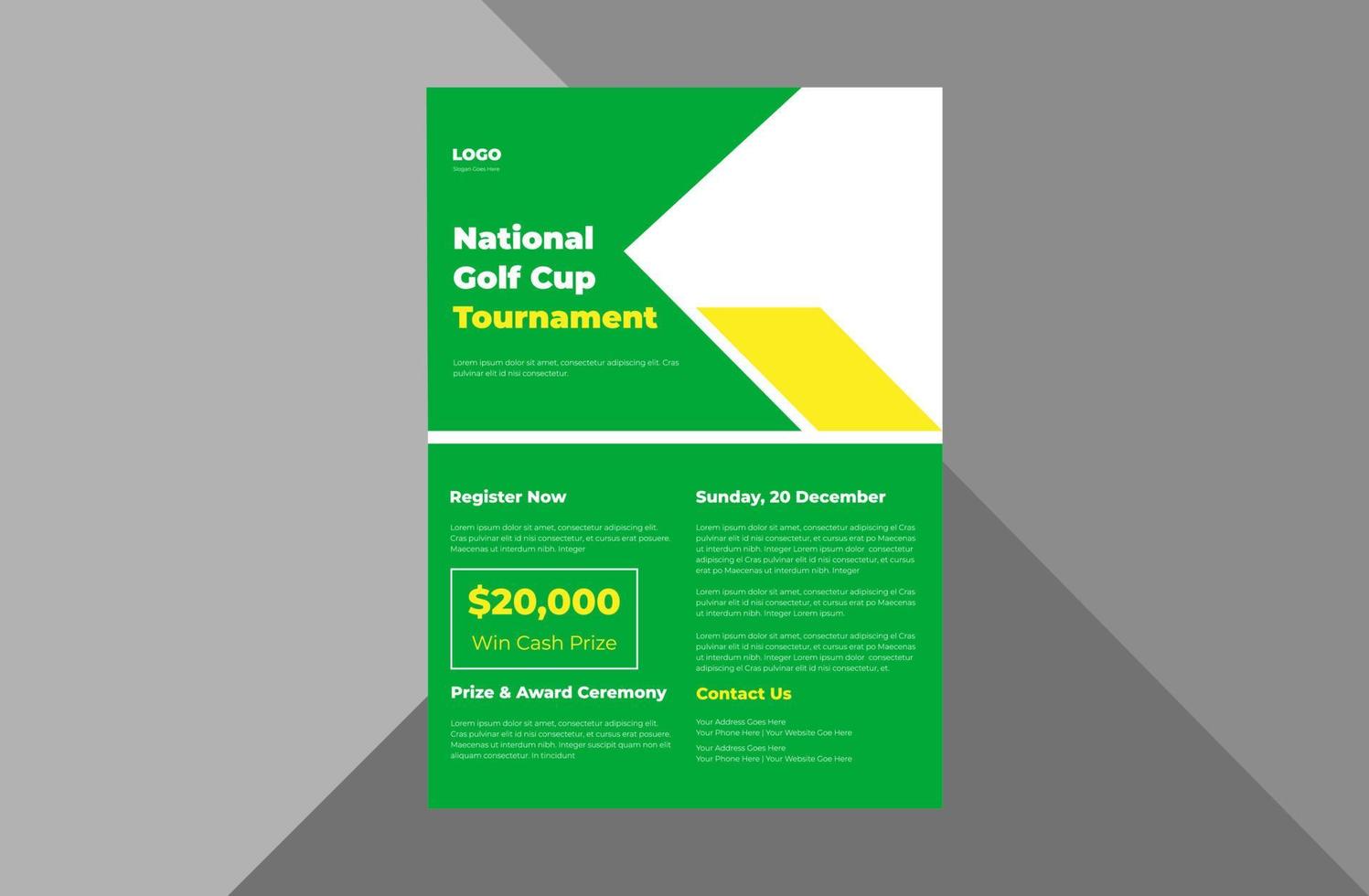 Plantilla de volante de torneo de golf. Diseño de folleto de cartel de tiempo de juego de deportes de golf. plantilla a4, diseño de folleto, portada, volante, póster, listo para imprimir vector