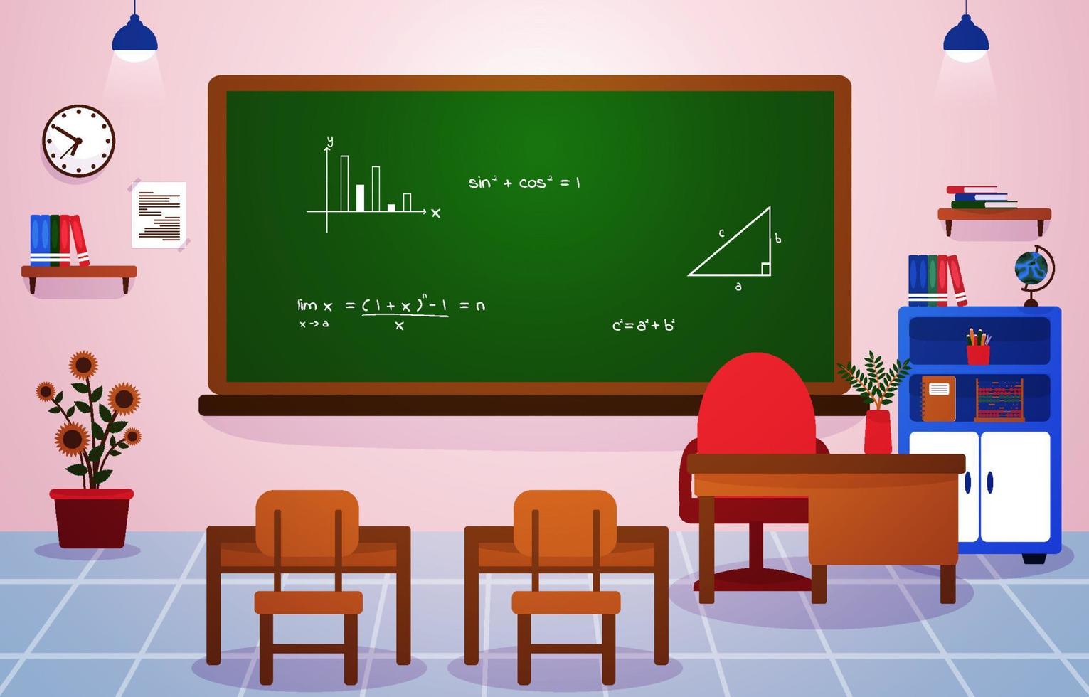 escuela de matemáticas clase aula pizarra mesa silla educación ilustración vector