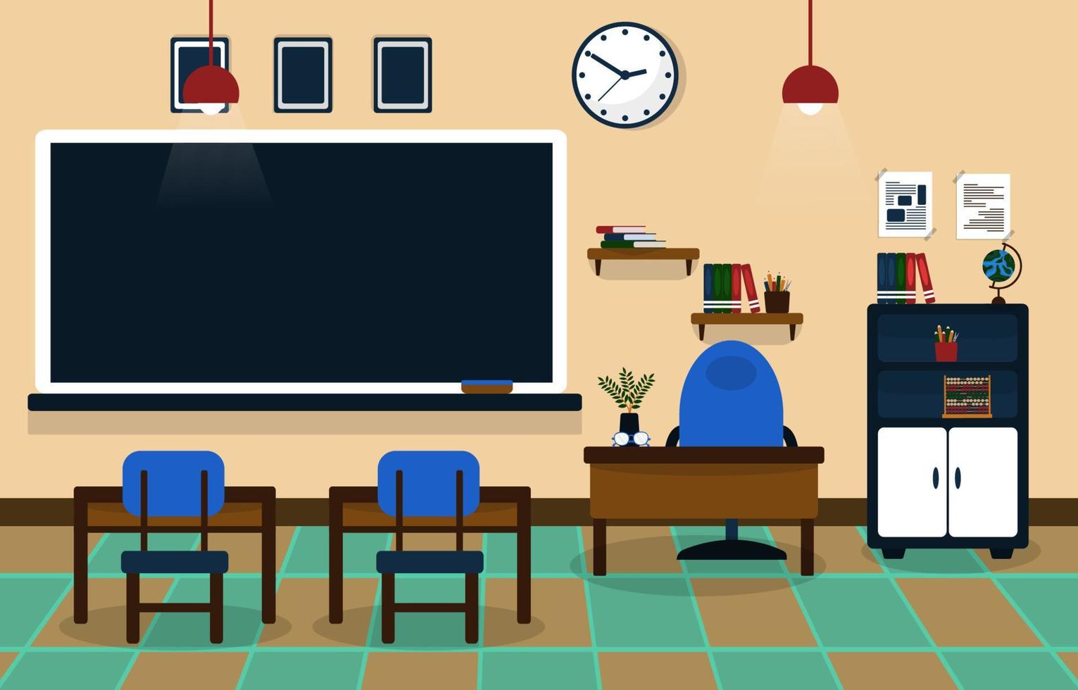 Class School Nobody Classroom Blackboard Table Chair Education Illustration vector