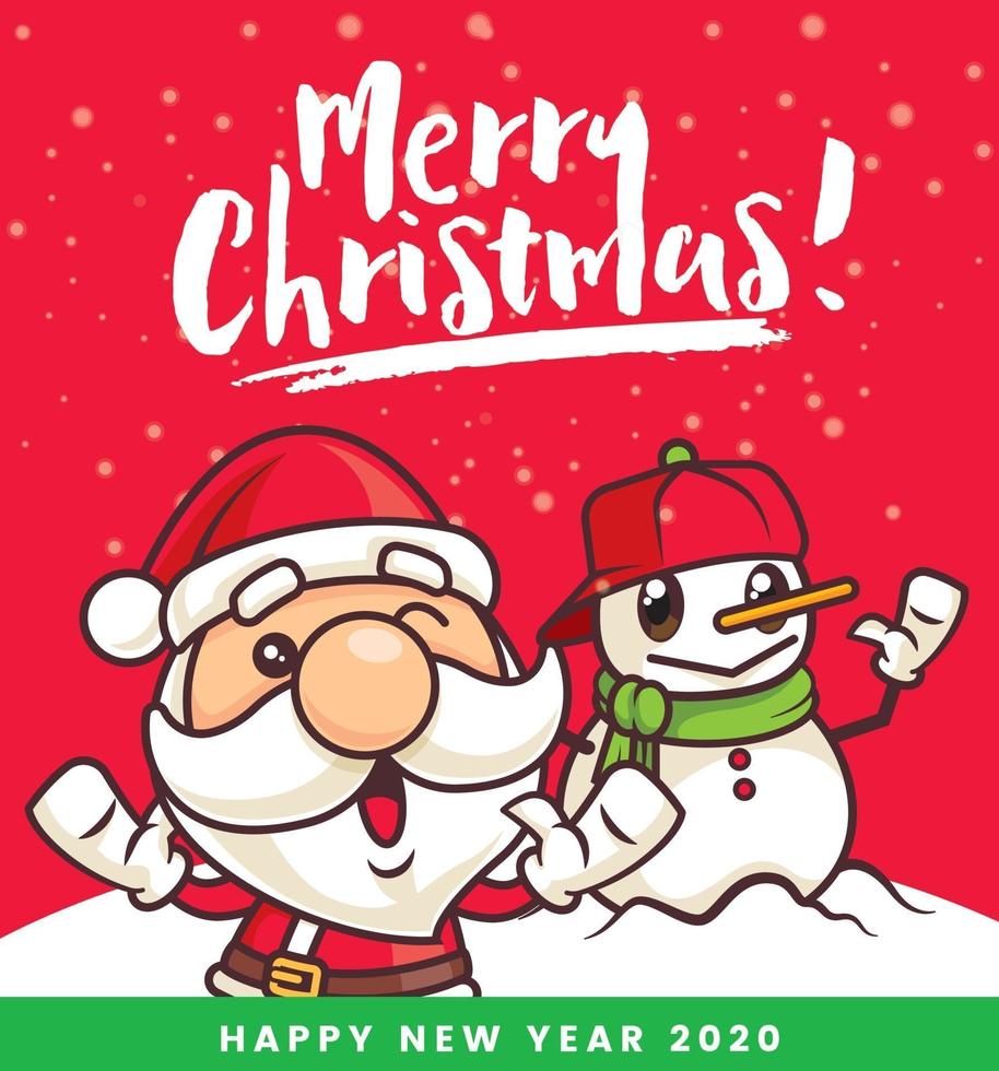 Merry Christmas. Christmas Santa Claus and snowman with Christmas lettering greeting signboard vector