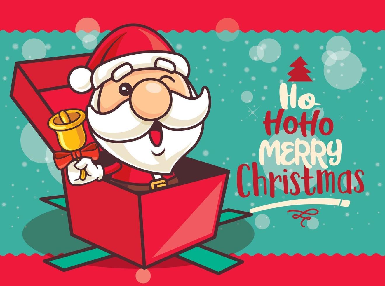 Feliz Navidad. dibujos animados lindo santa claus sosteniendo campana de navidad sentarse dentro de caja de regalo deseando feliz navidad vector