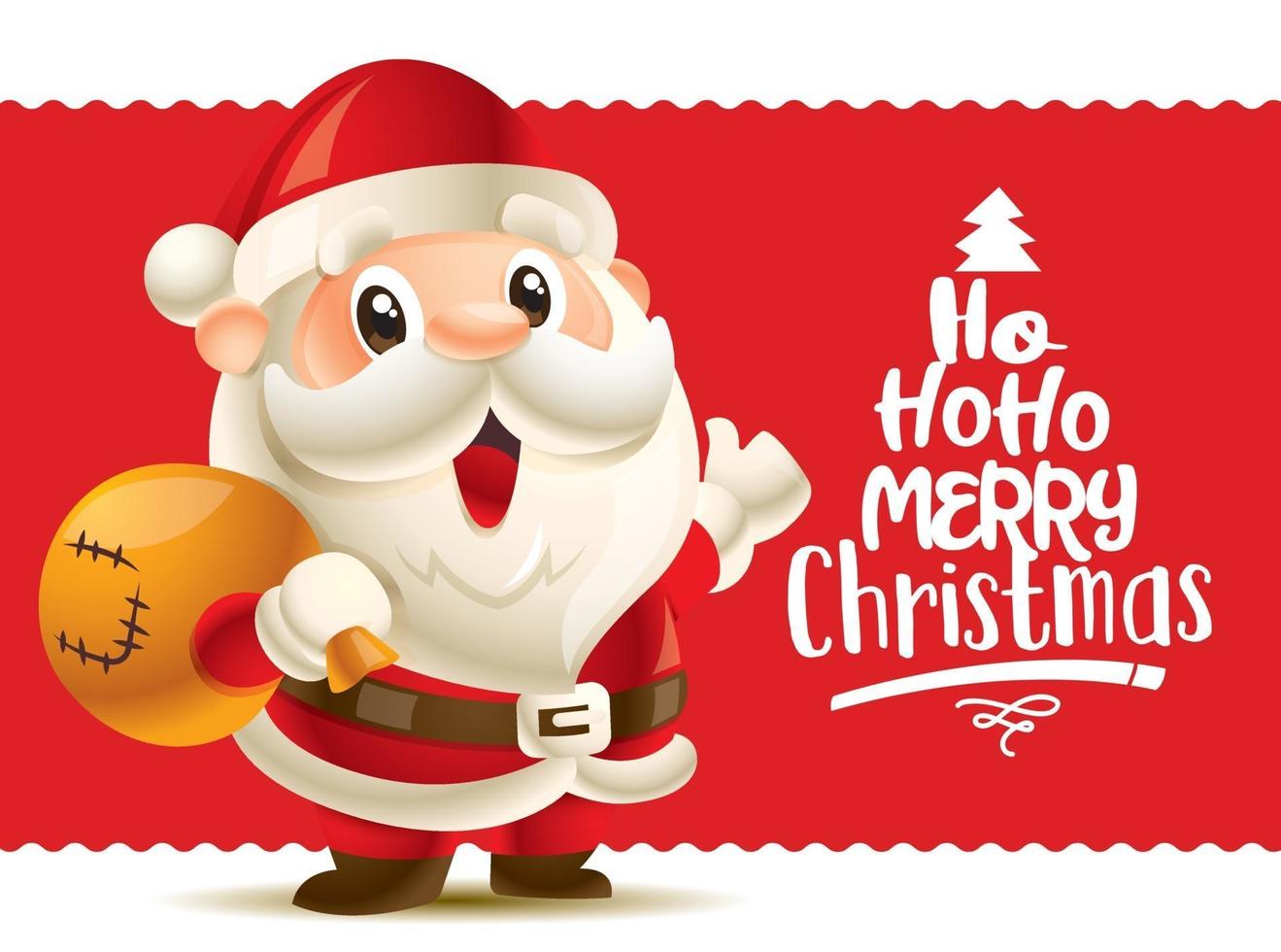 Merry Christmas. Cute Santa Claus with big red signboard. Merry Christmas lettering greeting card vector