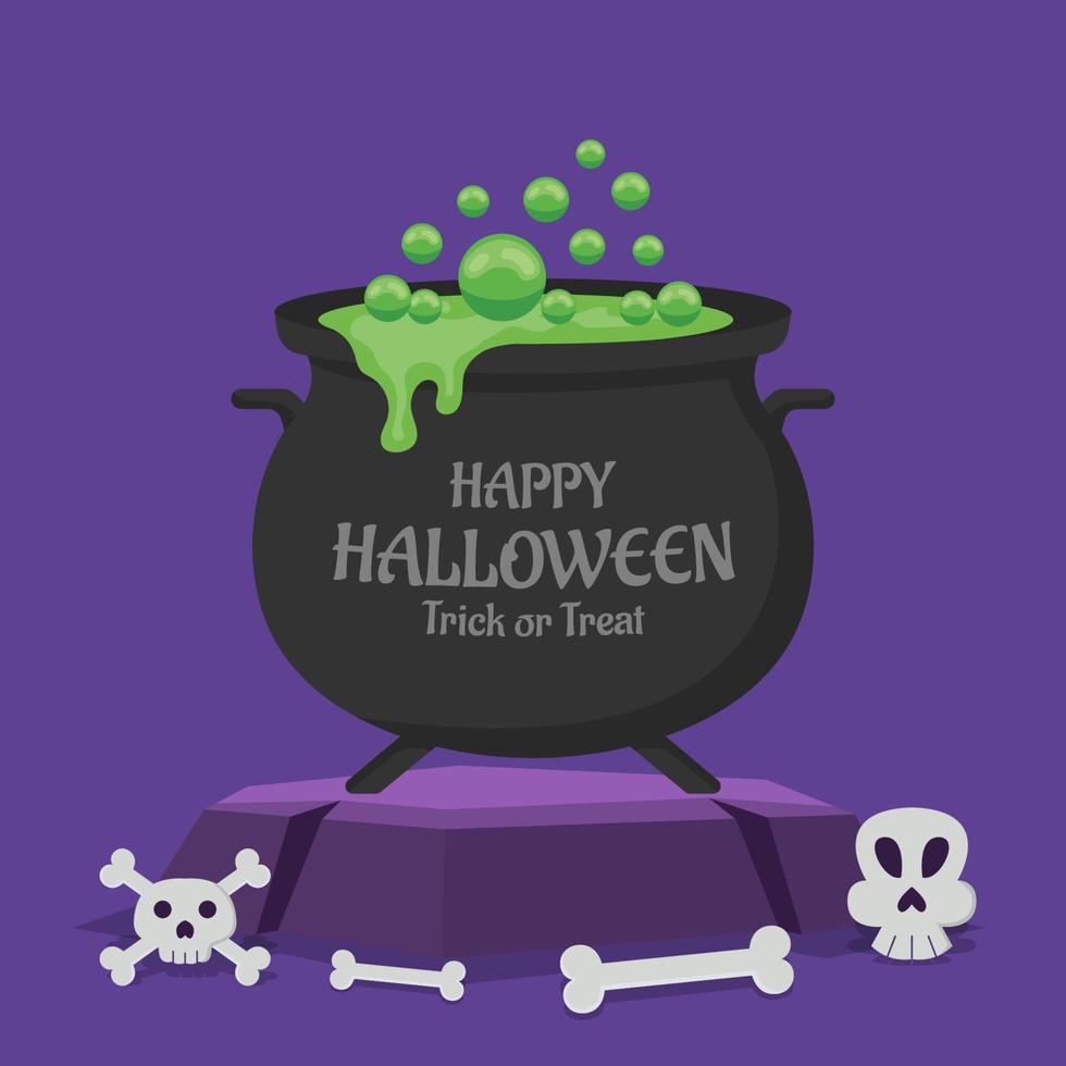 Happy Halloween banner or greeting card concept with a barrel filled with potions. vector