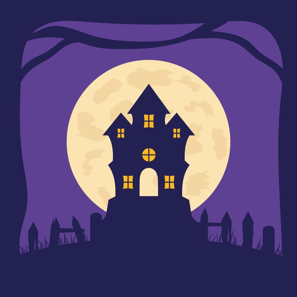 Happy Halloween banner or greeting card concept with house and moon. vector