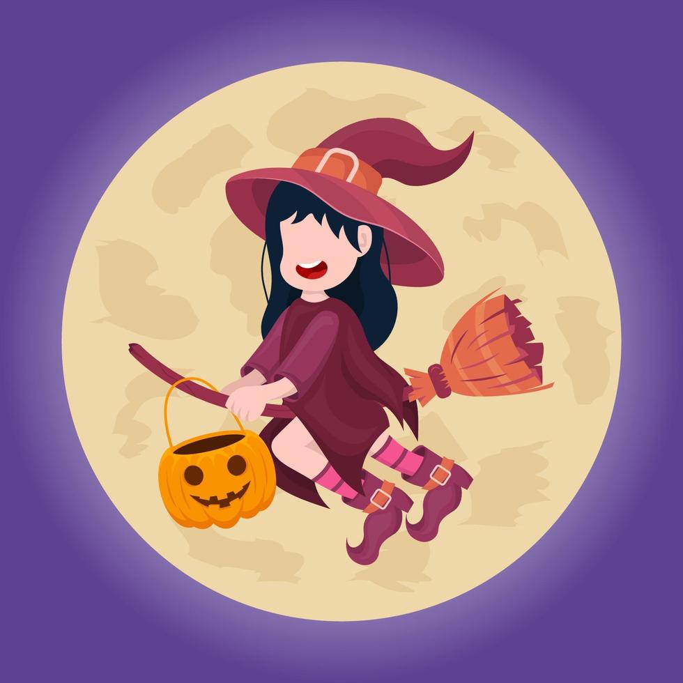 Happy Halloween banner or greeting card concept with little witch flying over the moon. vector