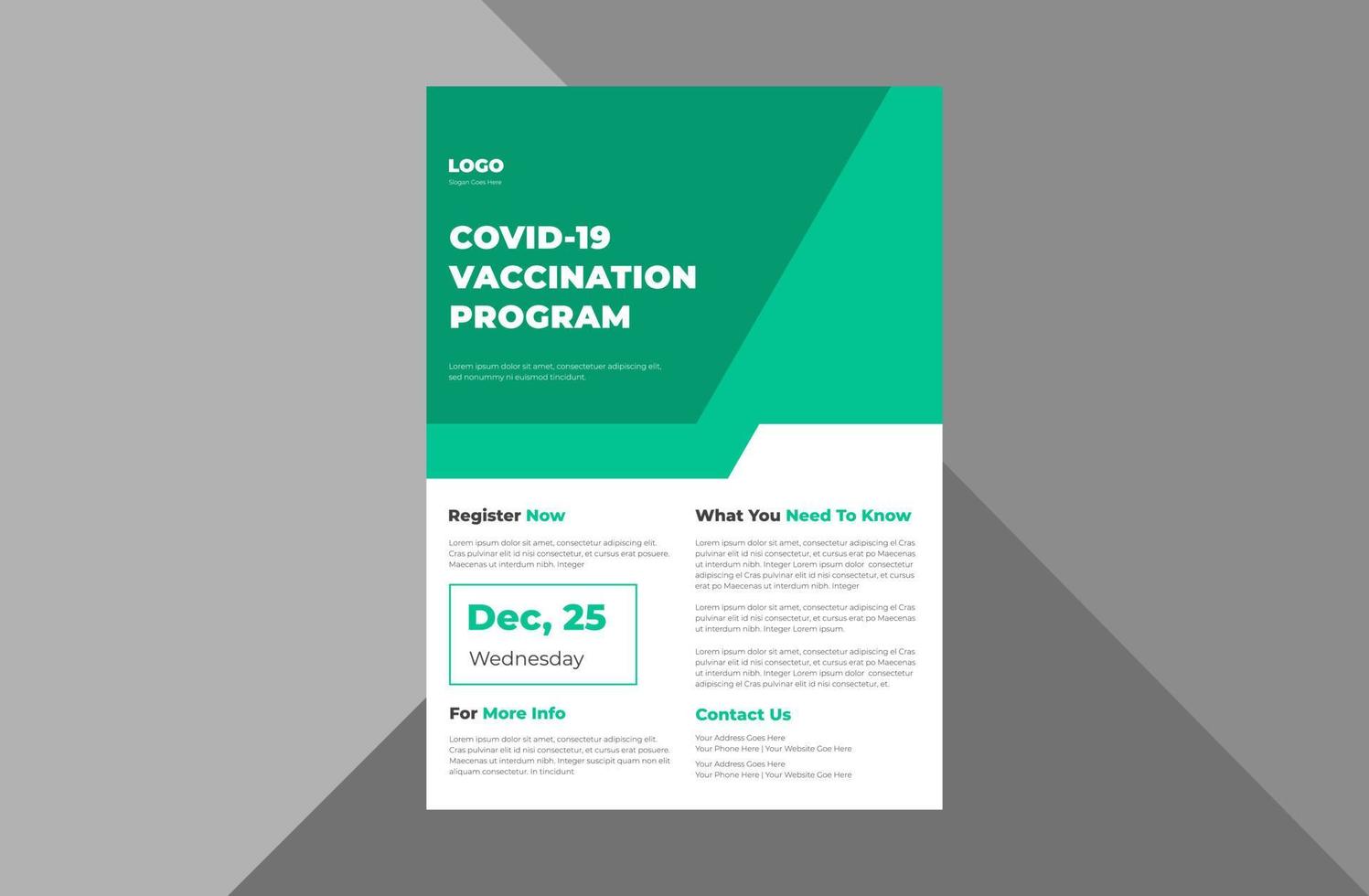 plantilla de diseño de volante del programa de vacunación covid-19. Diseño de folleto de cartel de vacunación de coronavirus. plantilla a4, diseño de folleto, portada, volante, póster, listo para imprimir vector