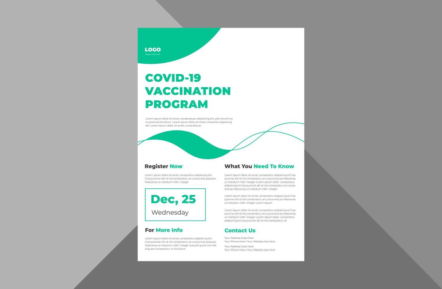 plantilla de diseño de volante del programa de vacunación covid-19. Diseño de folleto de cartel de vacunación de coronavirus. plantilla a4, diseño de folleto, portada, volante, póster, listo para imprimir vector