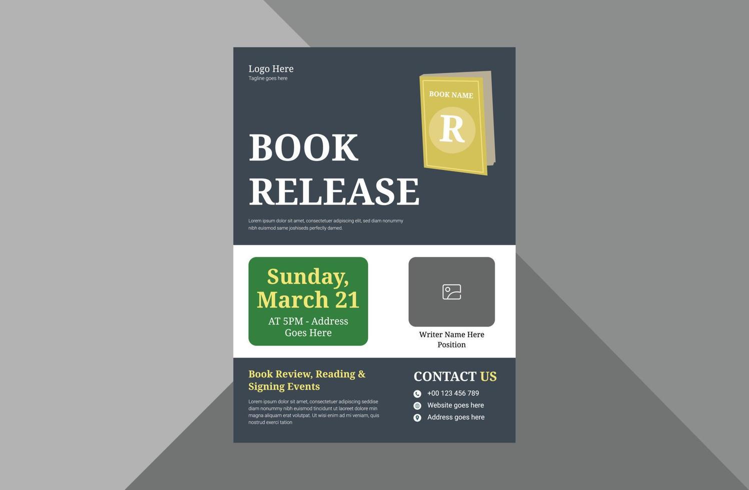 book launch and publishing flyer design template. New book launch announcement poster leaflet template. a4 template, brochure design, cover, flyer, poster, print-ready vector