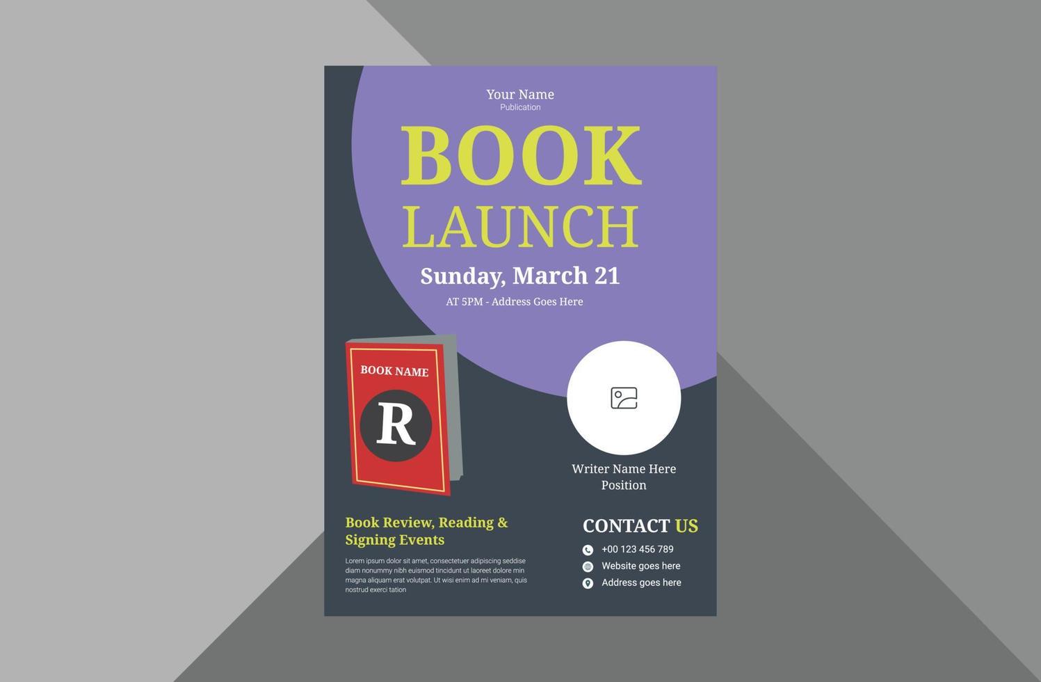 book launch and publishing flyer design template. New book launch announcement poster leaflet template. a4 template, brochure design, cover, flyer, poster, print-ready vector
