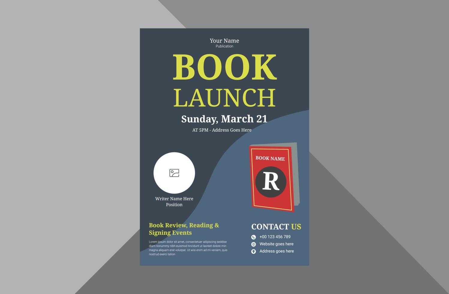 book launch and publishing flyer design template. New book launch announcement poster leaflet template. a4 template, brochure design, cover, flyer, poster, print-ready vector