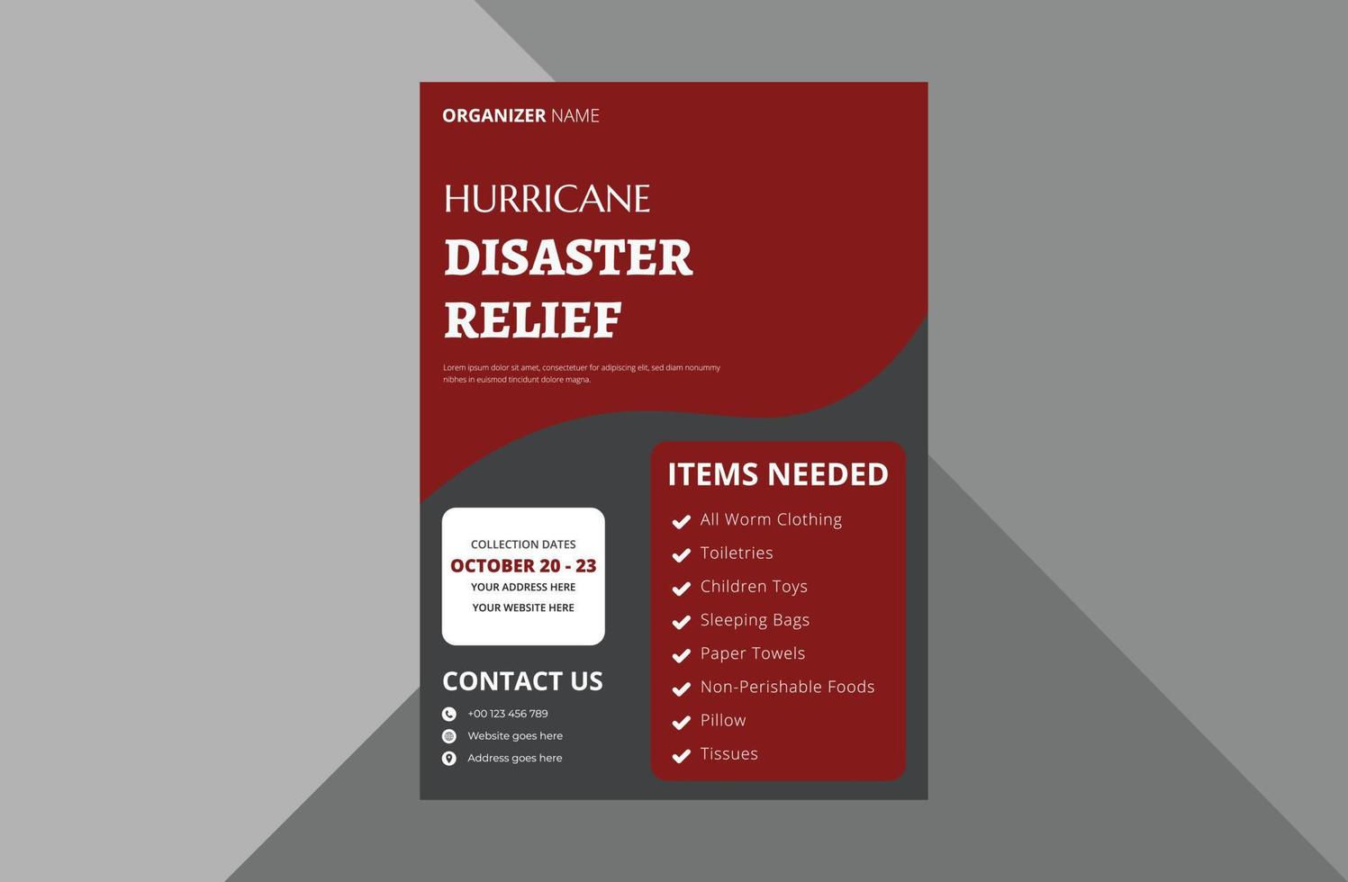 disaster relief flyer design template. charity relief poster leaflet template. charity flyer design template. a4 template, brochure design, cover, flyer, poster, print-ready vector