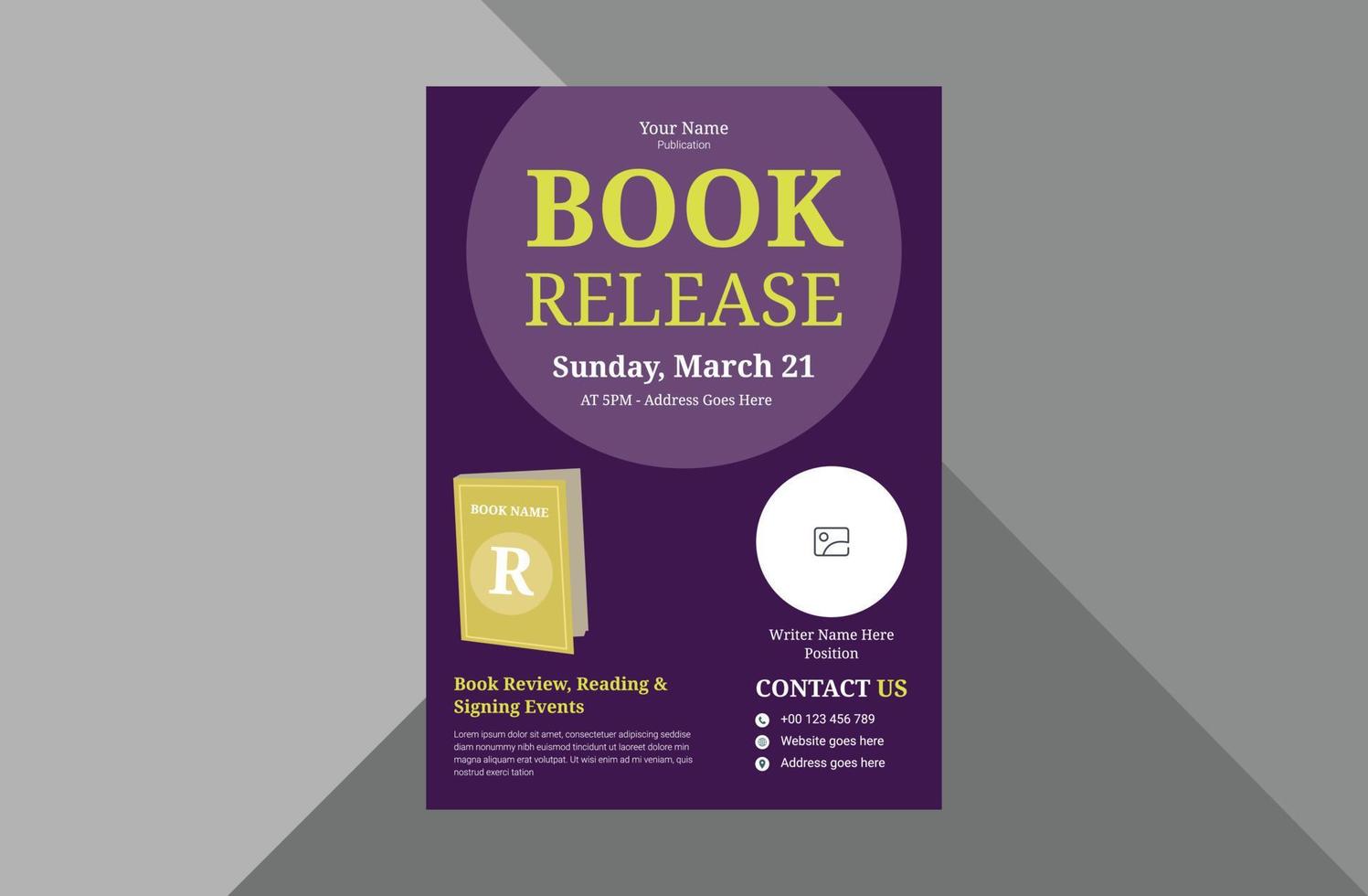 book launch and publishing flyer design template. New book launch announcement poster leaflet template. a4 template, brochure design, cover, flyer, poster, print-ready vector