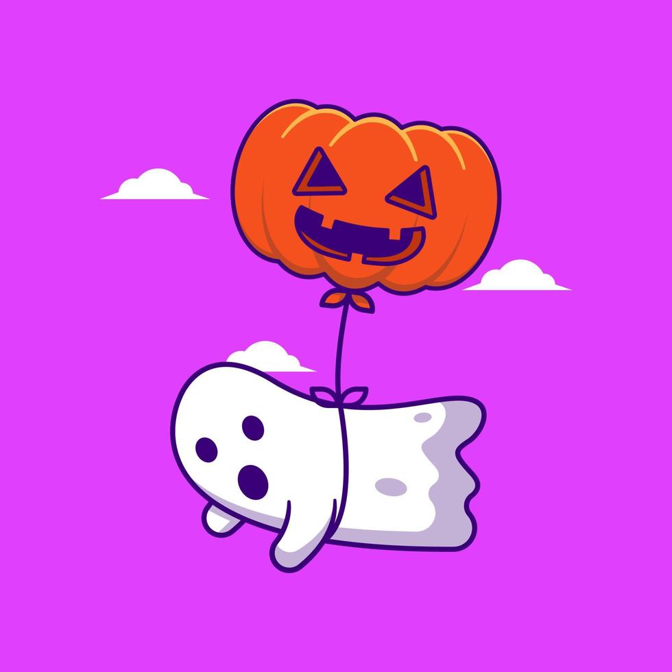 Ghost flying with Halloween Balloon Cartoon Illustration. Halloween Flat cartoon Style Concept vector