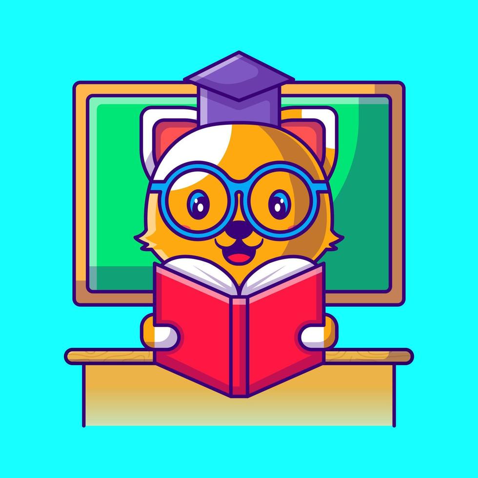 Profesor lindo gato leyendo una ilustración de dibujos animados de libros. concepto de estilo de dibujos animados planos de animales y educación vector