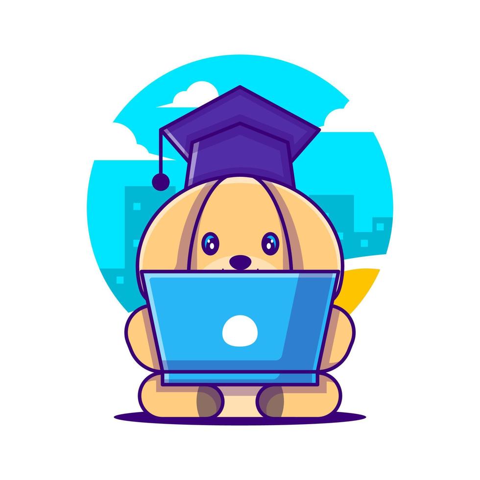 Cute Dog working with laptop Cartoon Illustration. Animal and Education Flat cartoon Style Concept vector