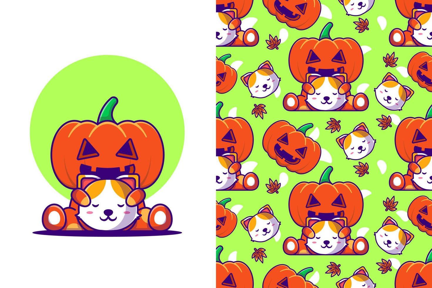 Cute pumpkin monster with cat happy halloween with seamless pattern vector