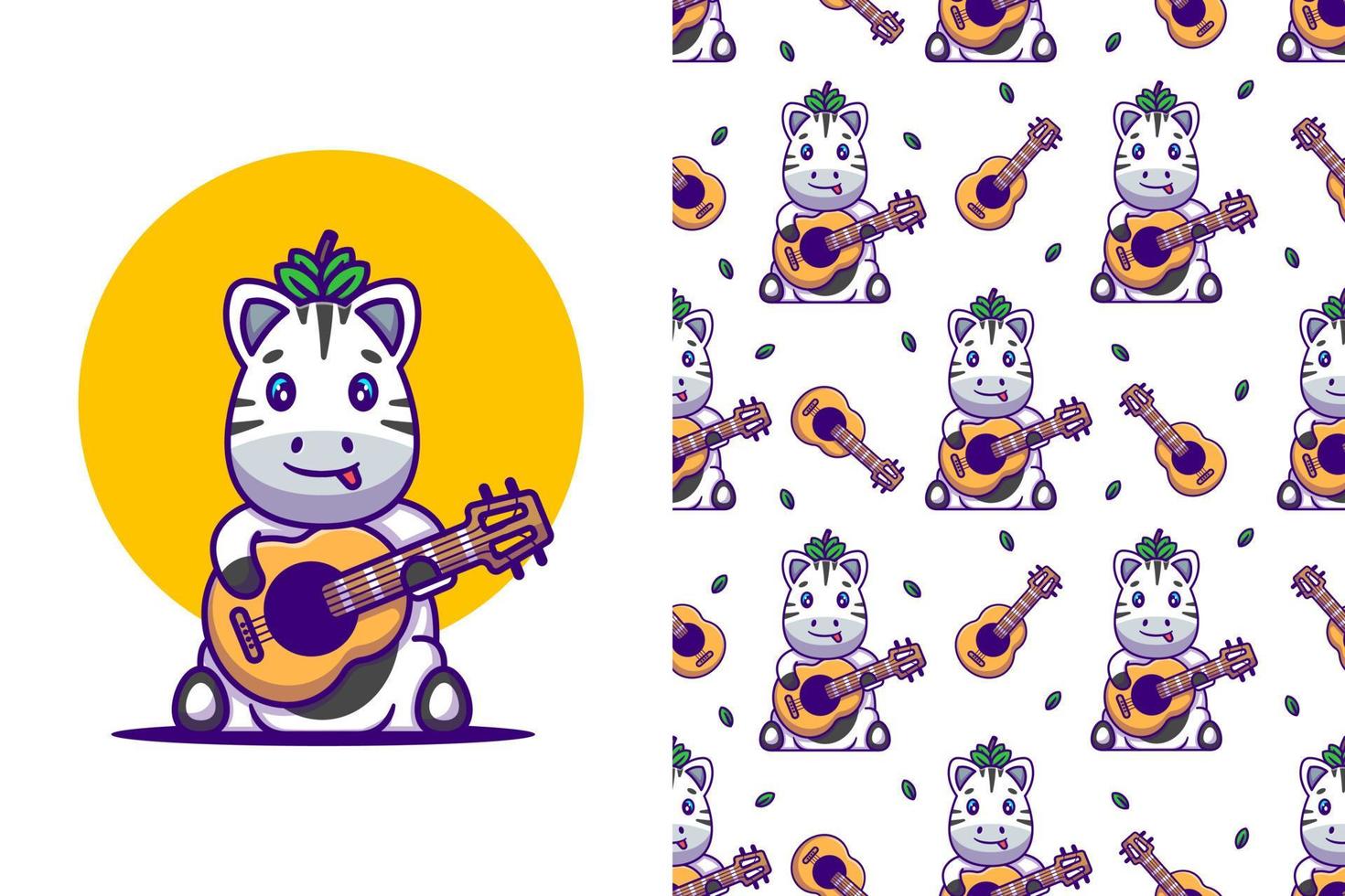 Cute Zebra playing guitar cartoon illustrations with seamless pattern vector