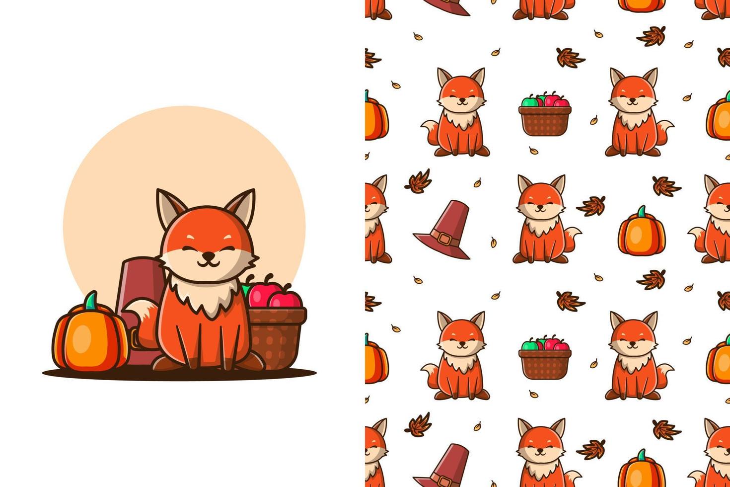 Cute Wolf in Autumn cartoon illustrations with seamless pattern vector