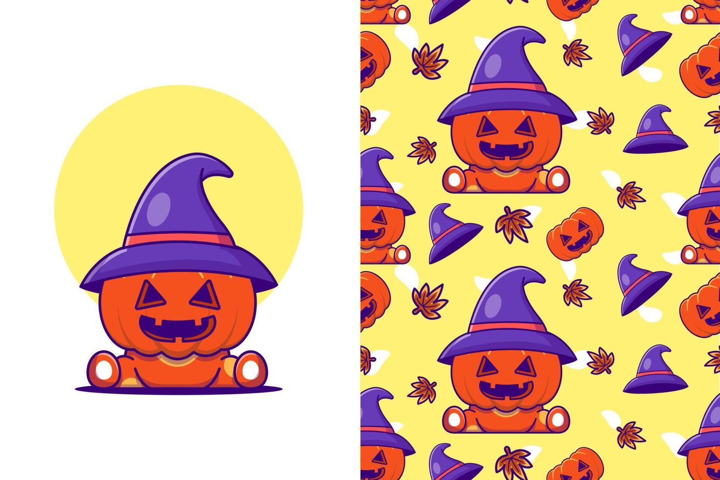Cute pumpkin with witch hat happy halloween with seamless pattern vector