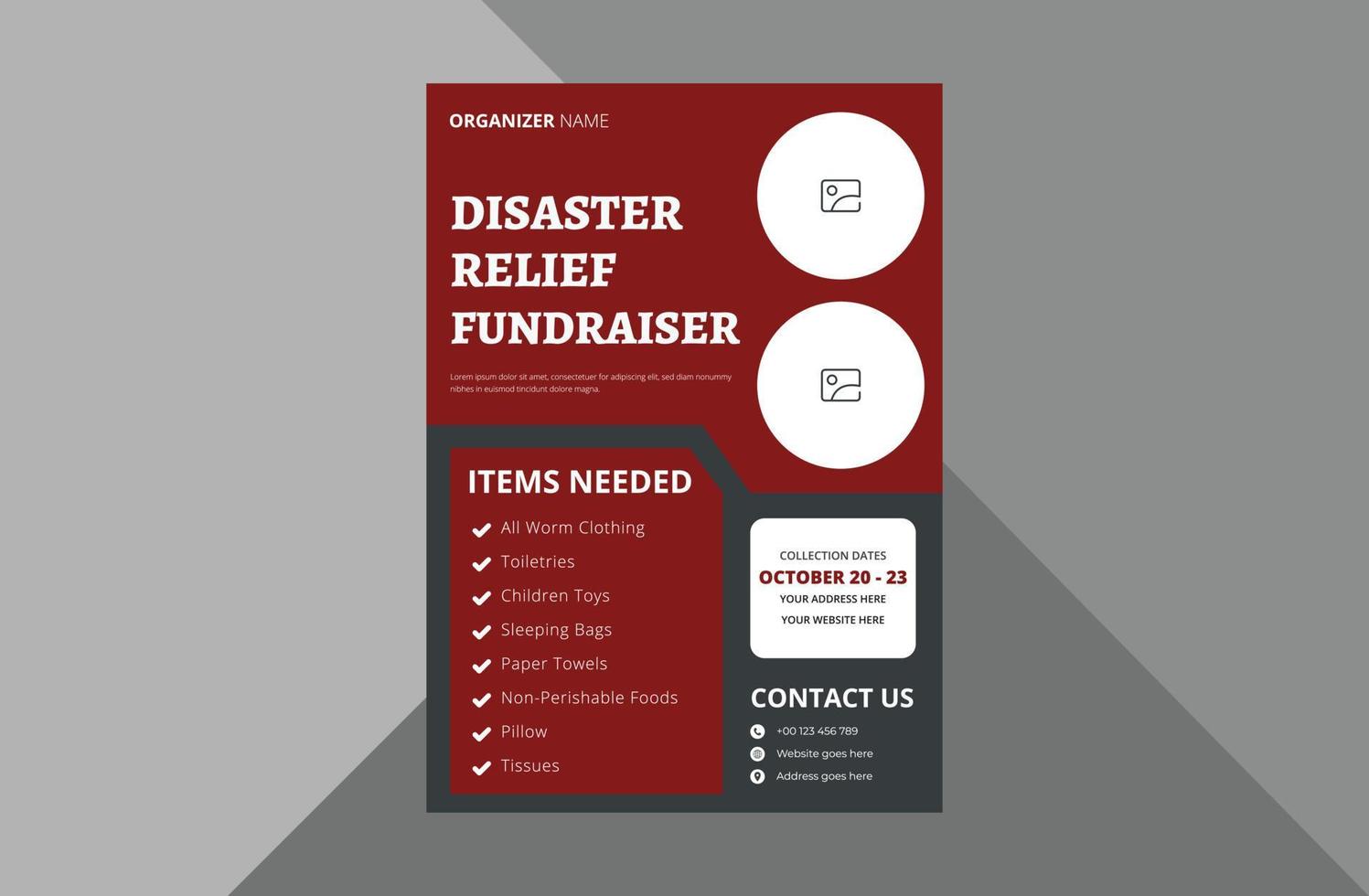 disaster relief flyer design template. charity relief poster leaflet template. charity flyer design template. a4 template, brochure design, cover, flyer, poster, print-ready vector