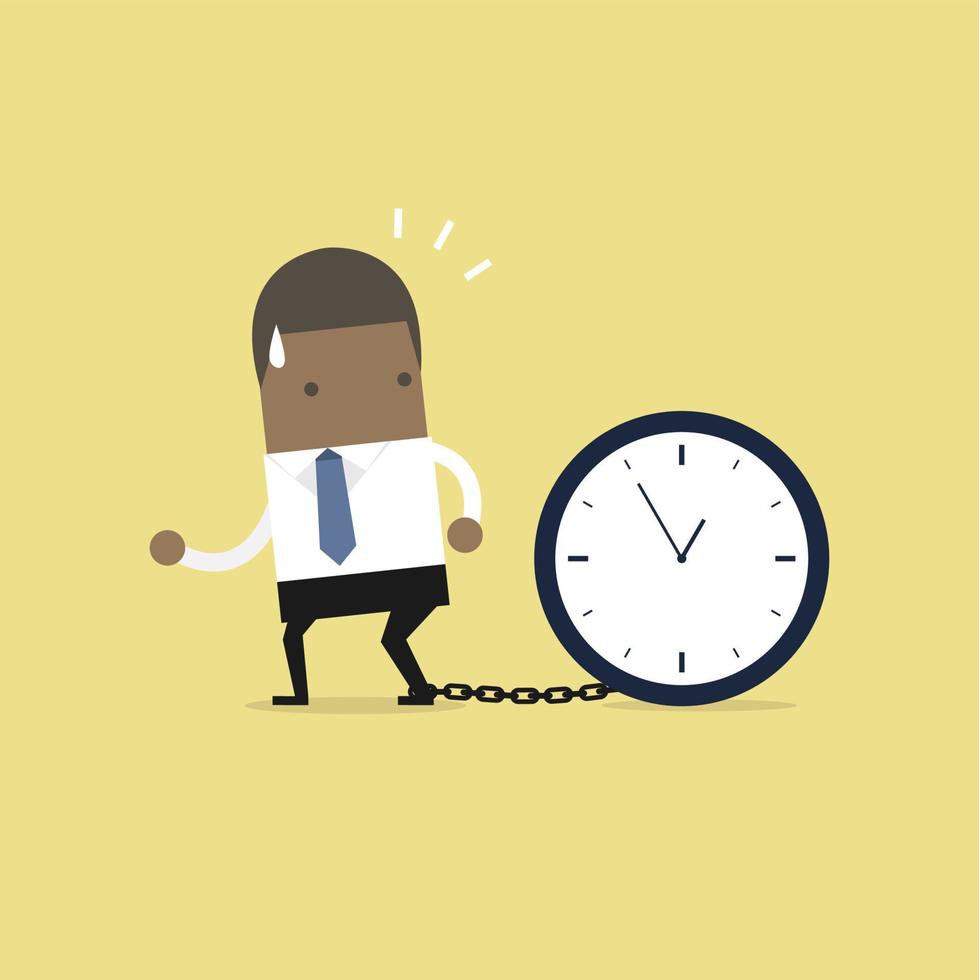 El empresario africano se encadena con un gran reloj en el concepto de tiempo. vector