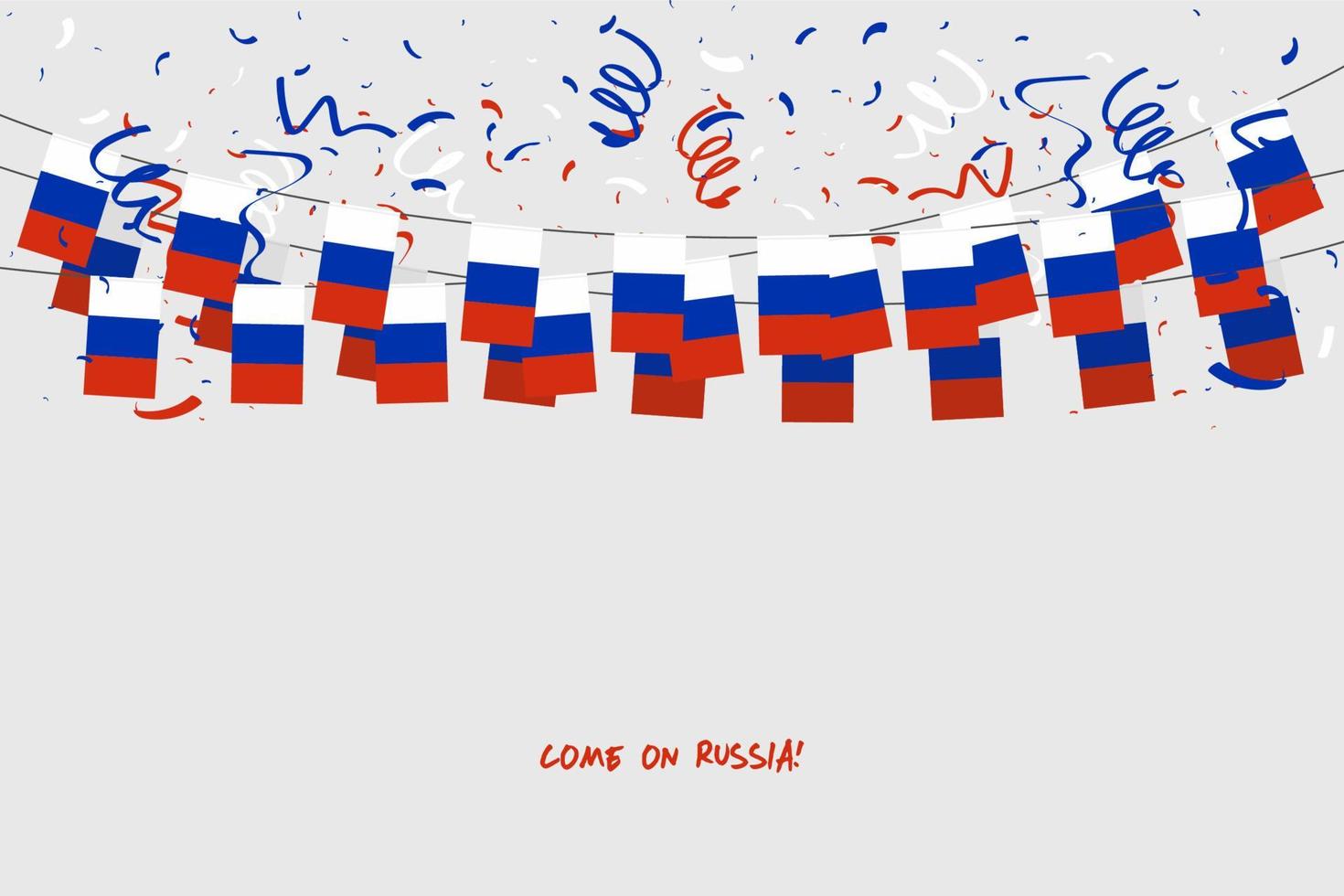 Russia garland flag with confetti on gray background, Hang bunting for Russia celebration template banner. vector