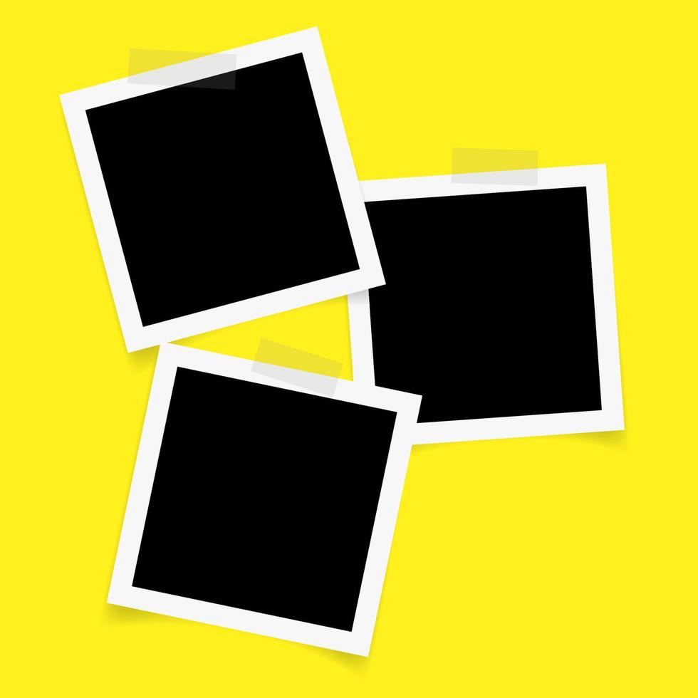 Three square photo frames with sticky tape on yellow background. vector