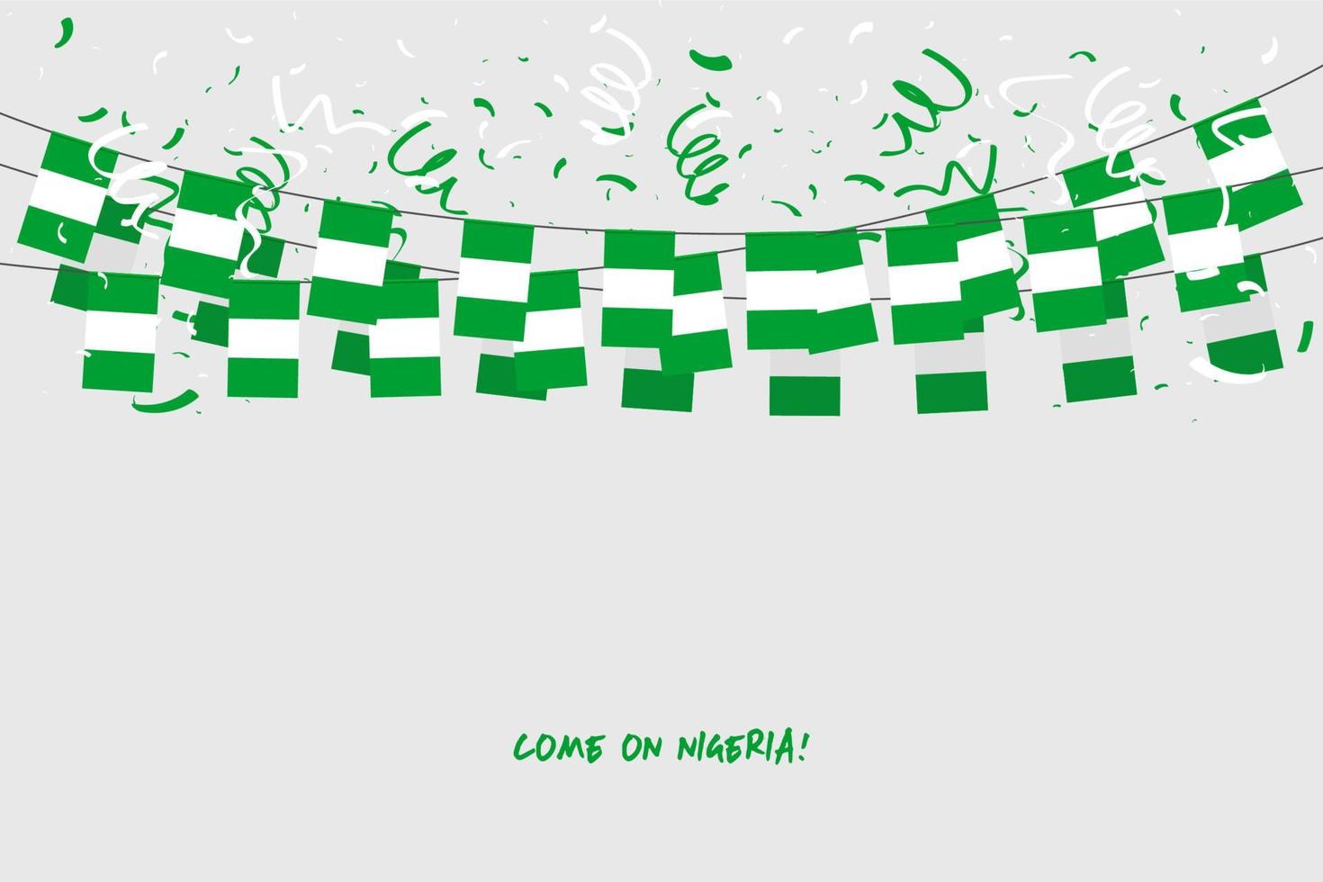 bandera de nigeria garland con confeti sobre fondo gris, colgar banderines para el banner de plantilla de celebración de nigeria. vector