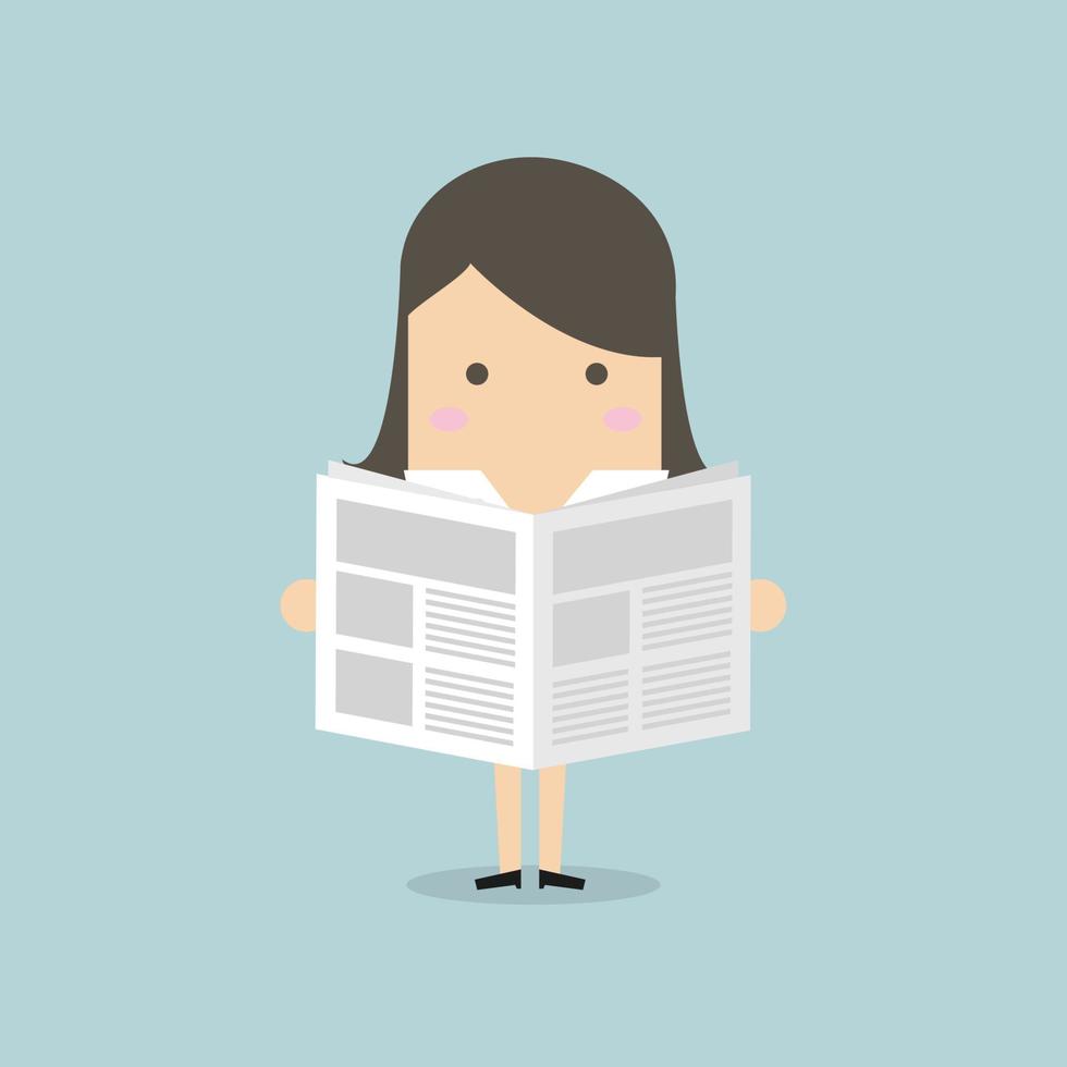 Businesswoman standing and reading a newspaper. vector