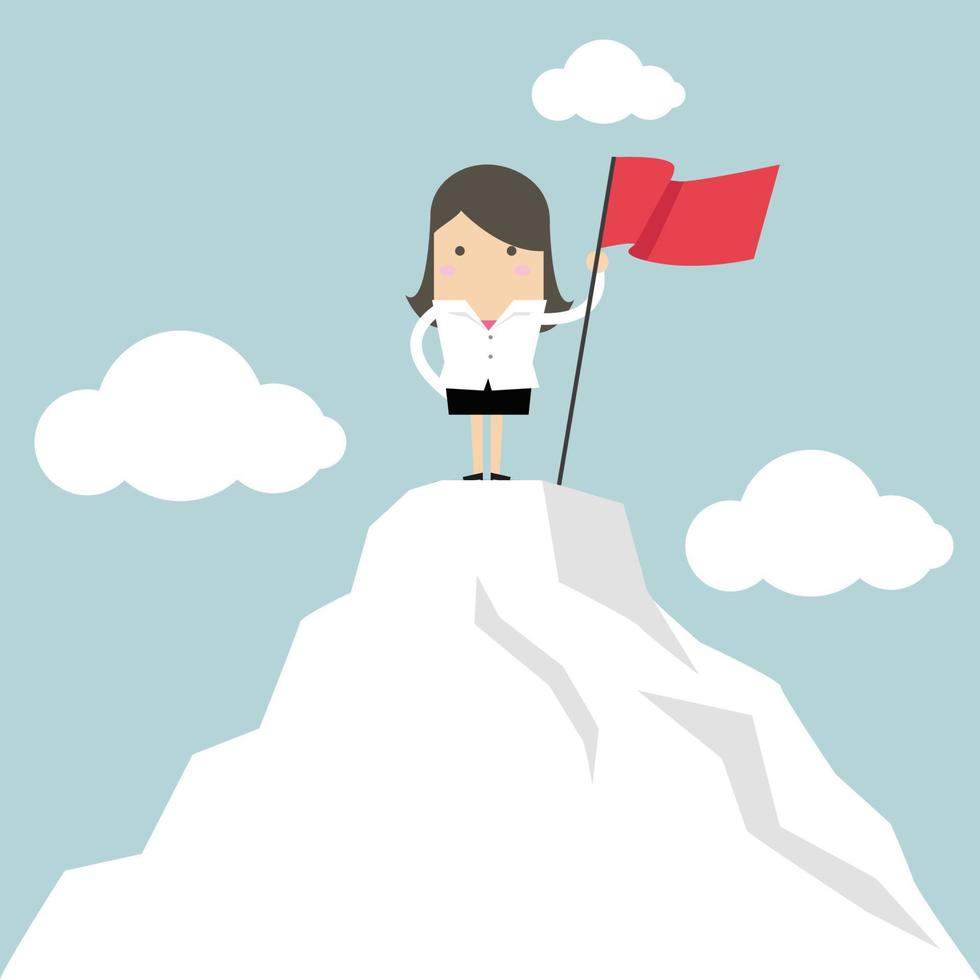 Businesswoman holding red flag on the top of the mountain. vector