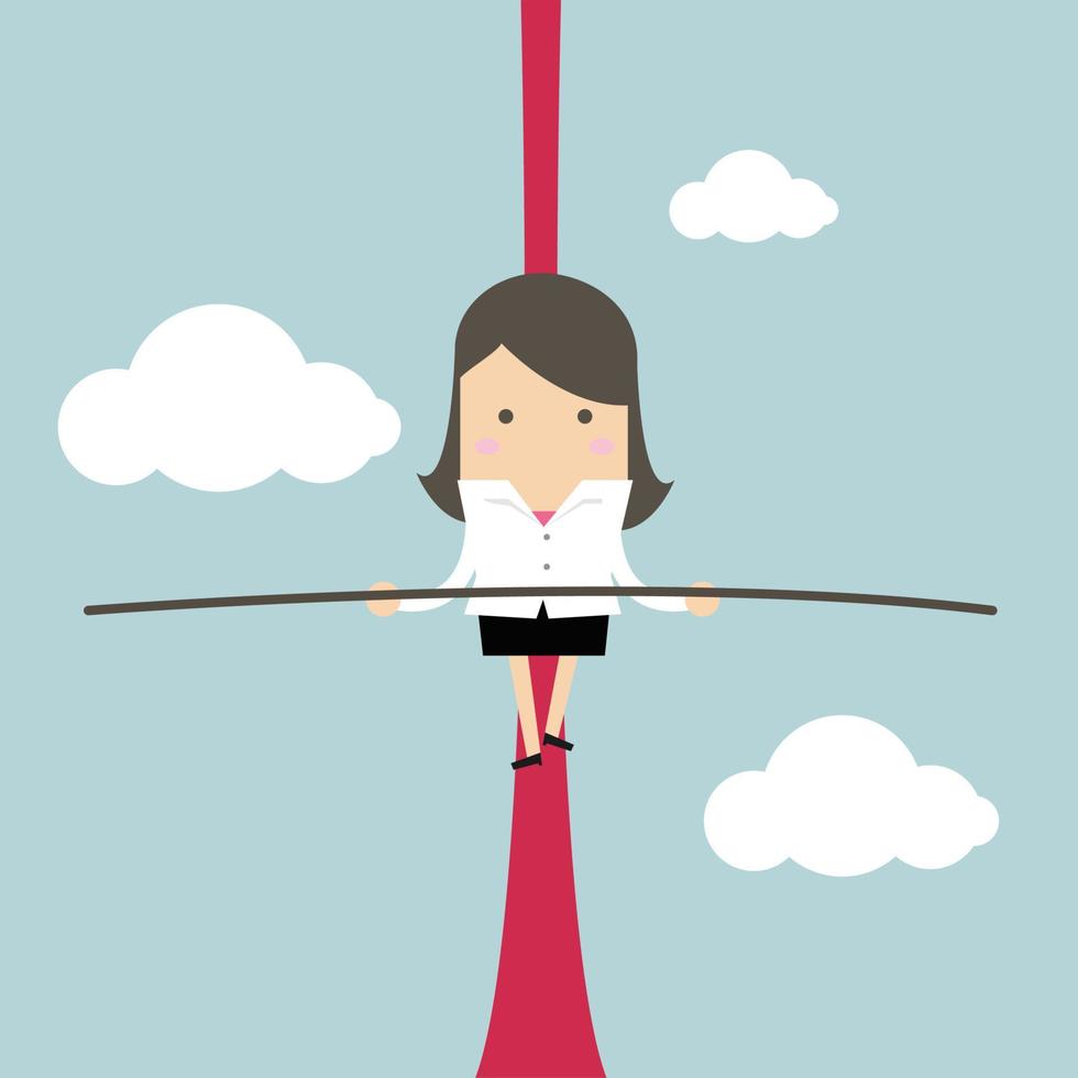 Businesswoman balancing on rope in the air. vector