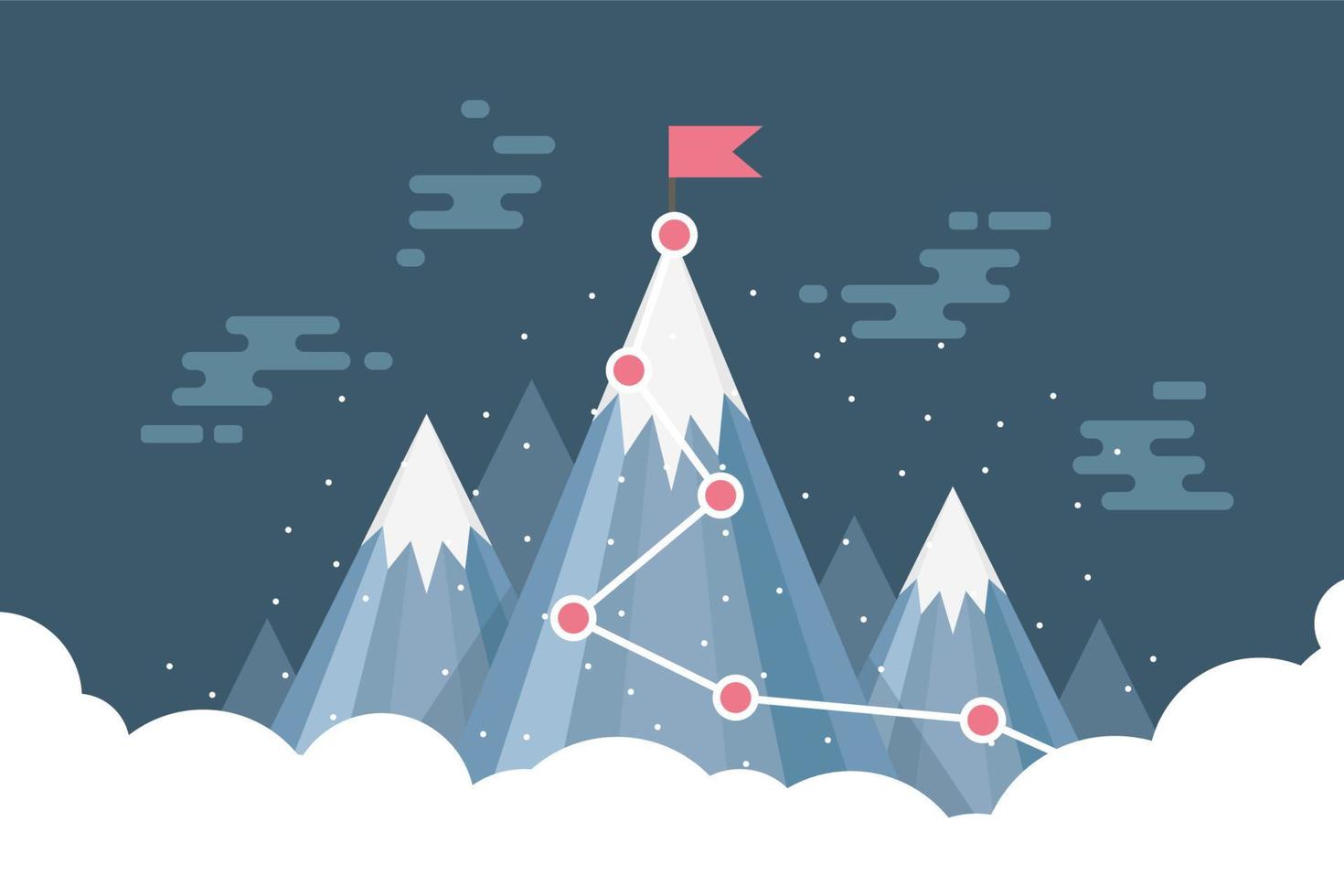 Business goal success concept infographic. Flag on the top of snow mountain. vector