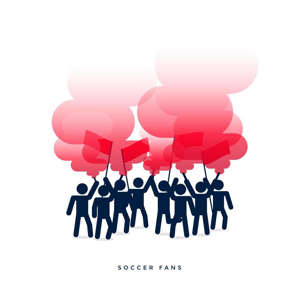 Group of football fans with burning red flare and smoke. vector