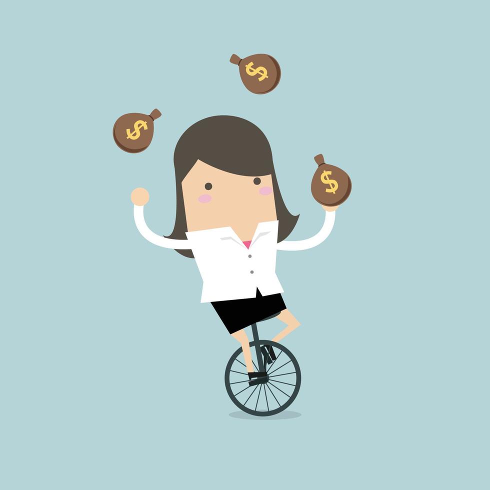 Businesswoman juggling money bag while cycling. vector