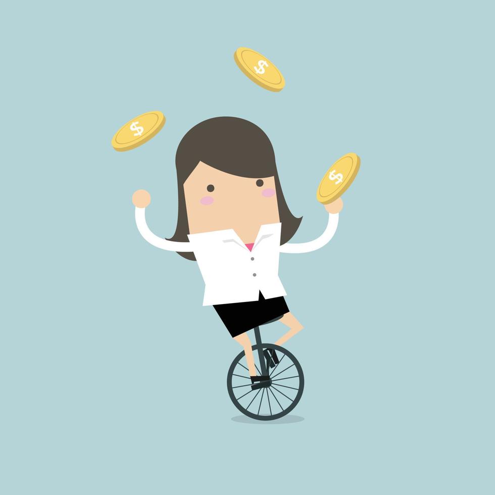 Businesswoman juggling coin while cycling. vector