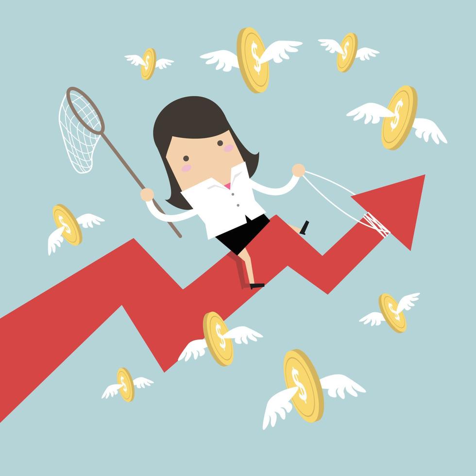 Businesswoman riding success arrow graph catch flying coins. vector